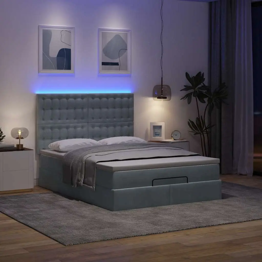 Ottoman Bed Double Velvet Grey with Pocket Spring Mattress and LED Lights