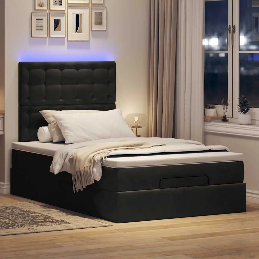 Ottoman Bed with Pocket Spring Mattresses & LED Lights King Single Black Velvet