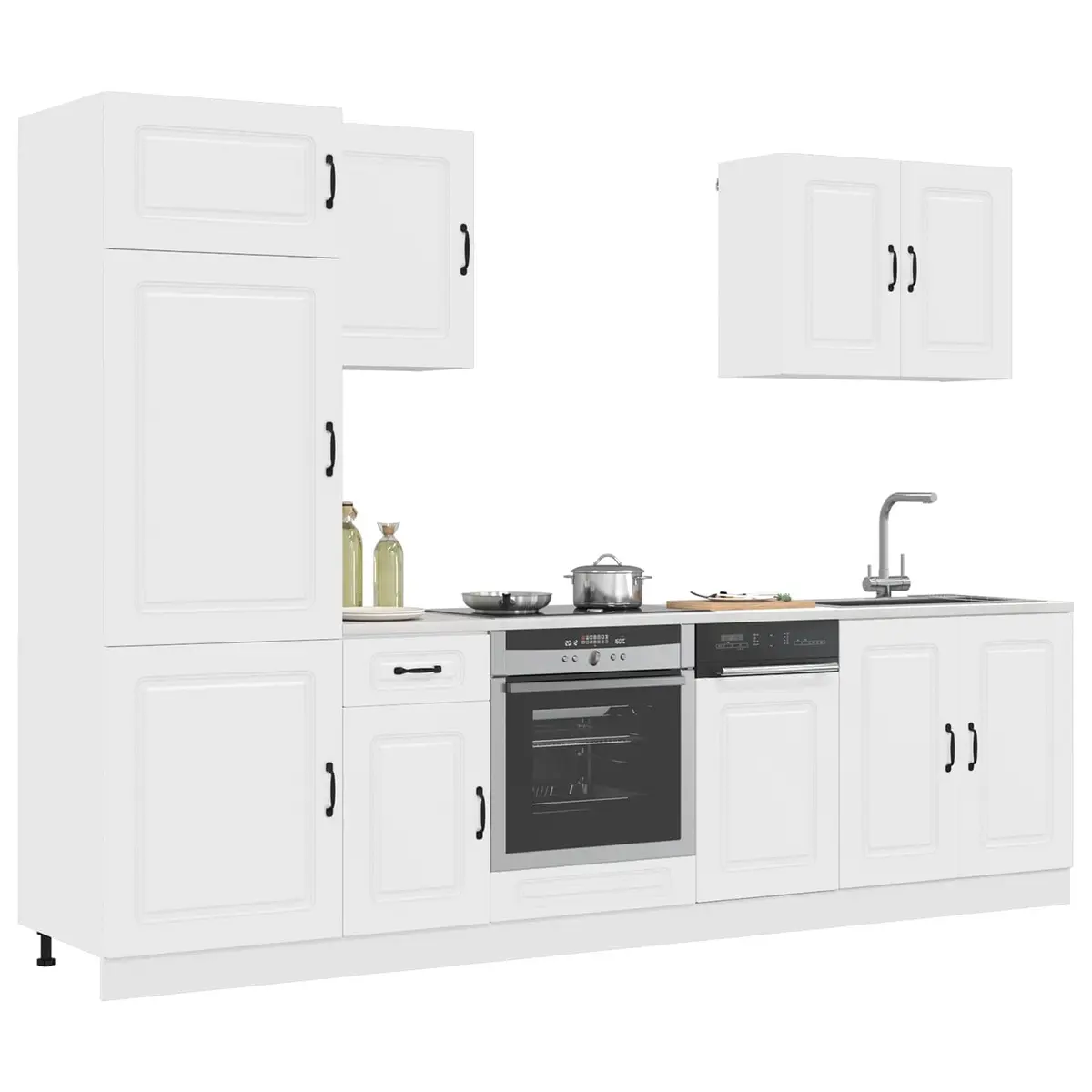 7 Piece White Engineered Wood Kitchen Storage Cabinet Set with Multiple Compartments for Organized Cooking Space