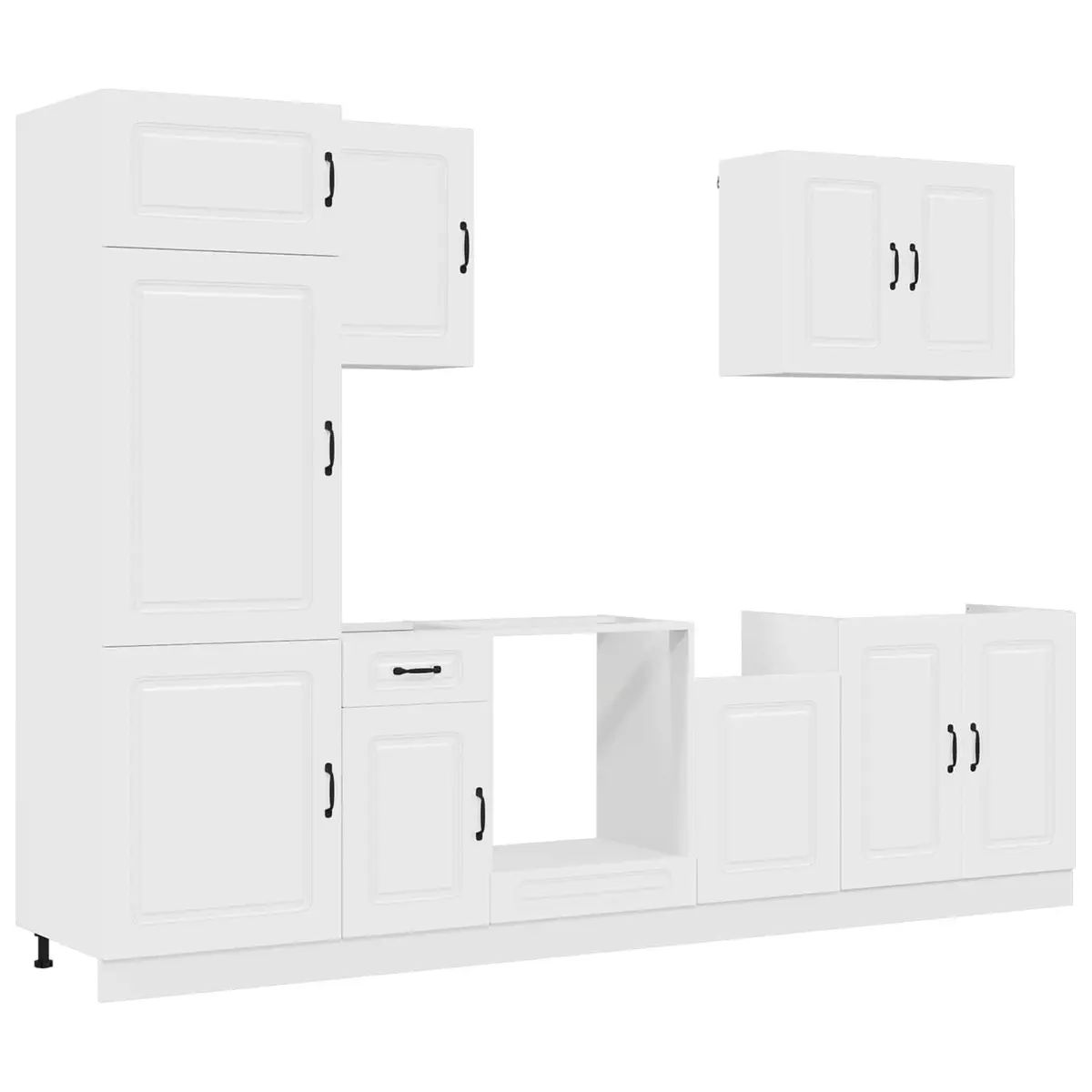 7 Piece White Engineered Wood Kitchen Storage Cabinet Set with Multiple Compartments for Organized Cooking Space