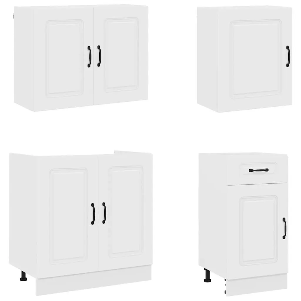 7 Piece White Engineered Wood Kitchen Storage Cabinet Set with Multiple Compartments for Organized Cooking Space