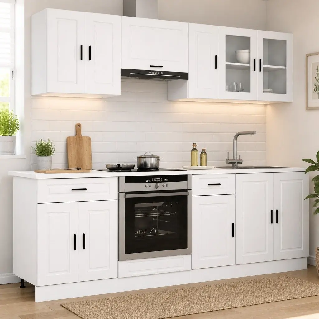 Kitchen Cabinet Set 8 Piece White Storage Engineered Wood Cupboard Unit
