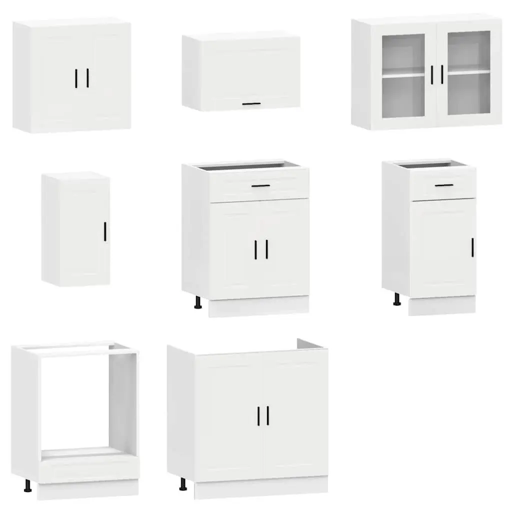 Kitchen Cabinet Set 8 Piece White Storage Engineered Wood Cupboard Unit