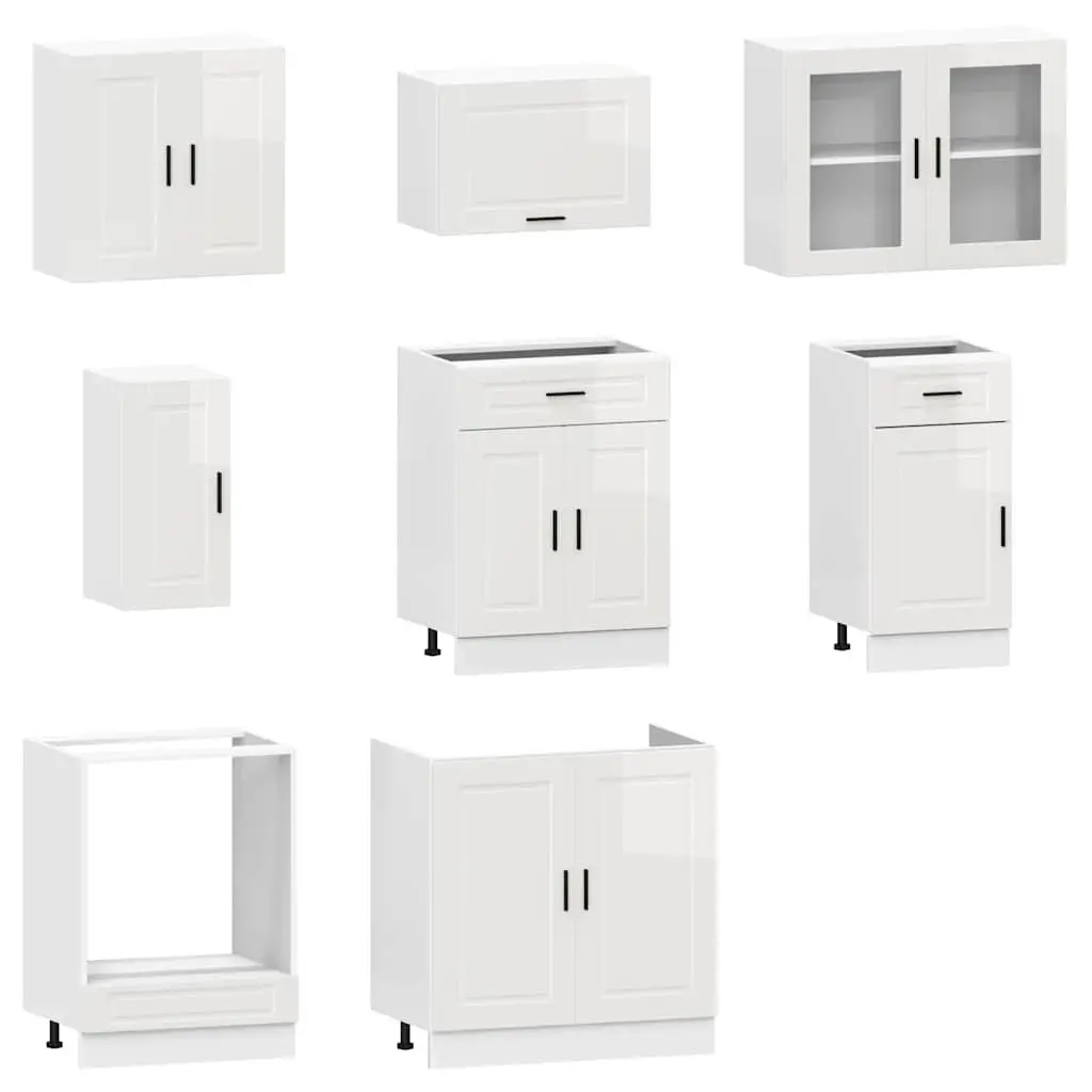 8 Piece Kitchen Cabinet Set for Kitchen White High Gloss Engineered Wood Storage Cupboard