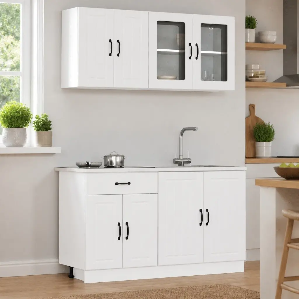 4 Piece White Engineered Wood Kitchen Storage Cabinet Set for Space Optimization