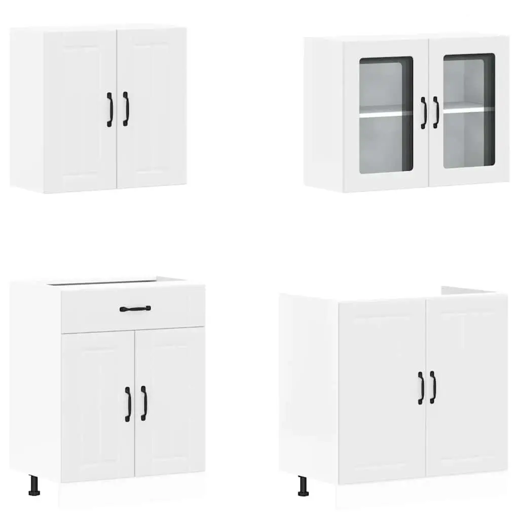4 Piece White Engineered Wood Kitchen Storage Cabinet Set for Space Optimization