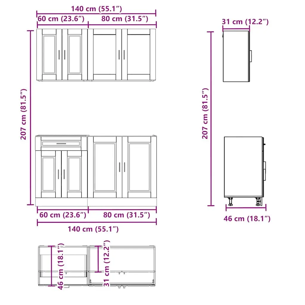 4 Piece Kitchen Cabinet Set White Storage Engineered Wood Adjustable Feet