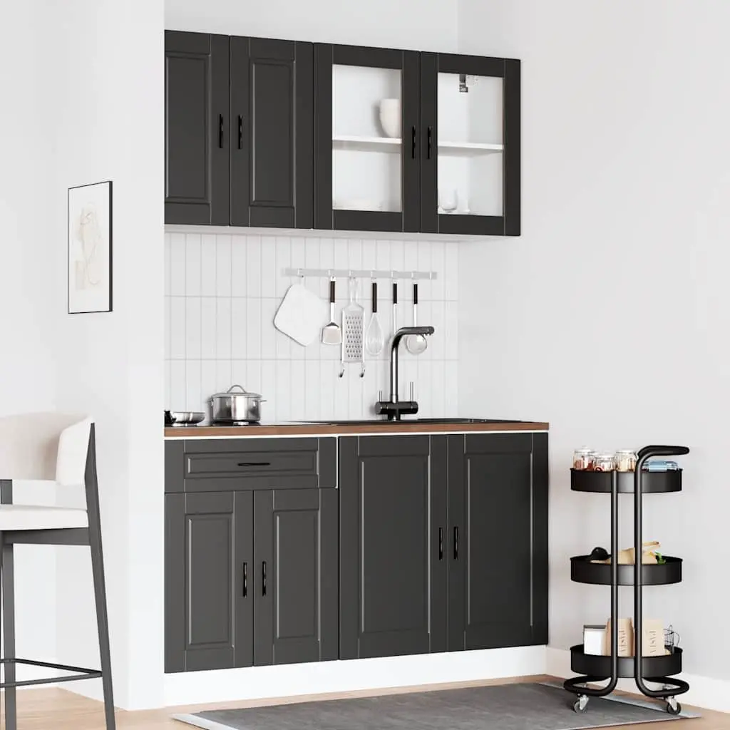 4 Piece Black Kitchen Cabinet Set Engineered Wood Storage Cupboards Adjustable