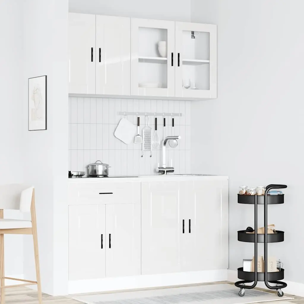 4 Piece High Gloss White Engineered Wood Kitchen Storage Cabinet Set
