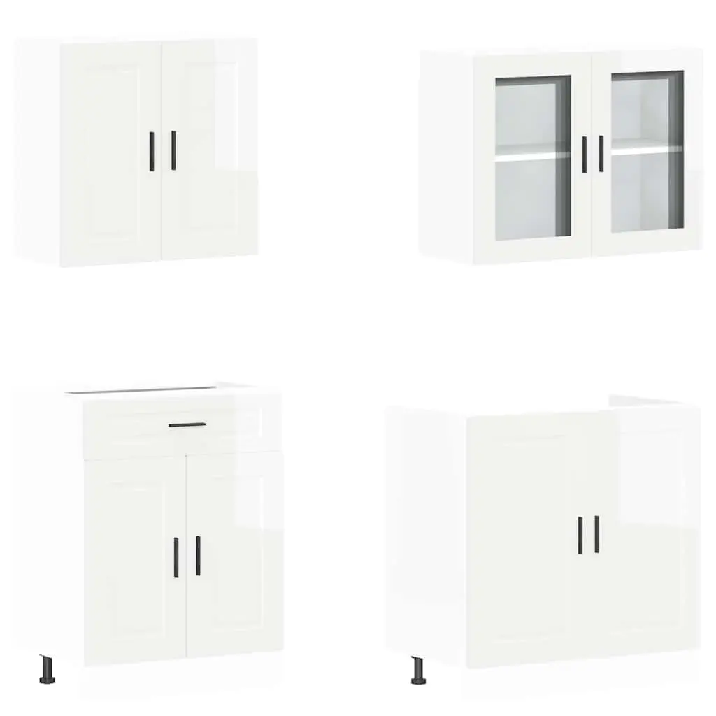 4 Piece High Gloss White Engineered Wood Kitchen Storage Cabinet Set
