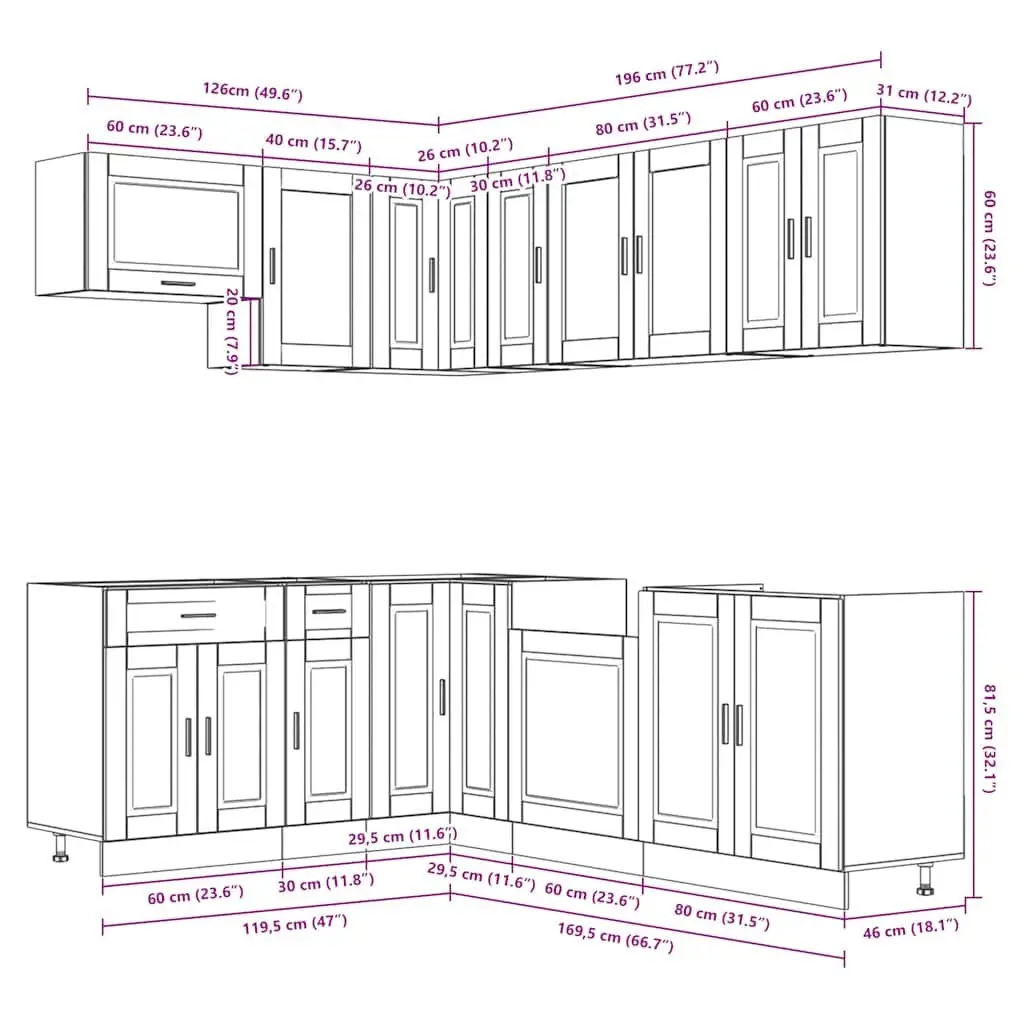Kitchen Cabinet Set 11 Piece White Storage Engineered Wood Adjustable Feet