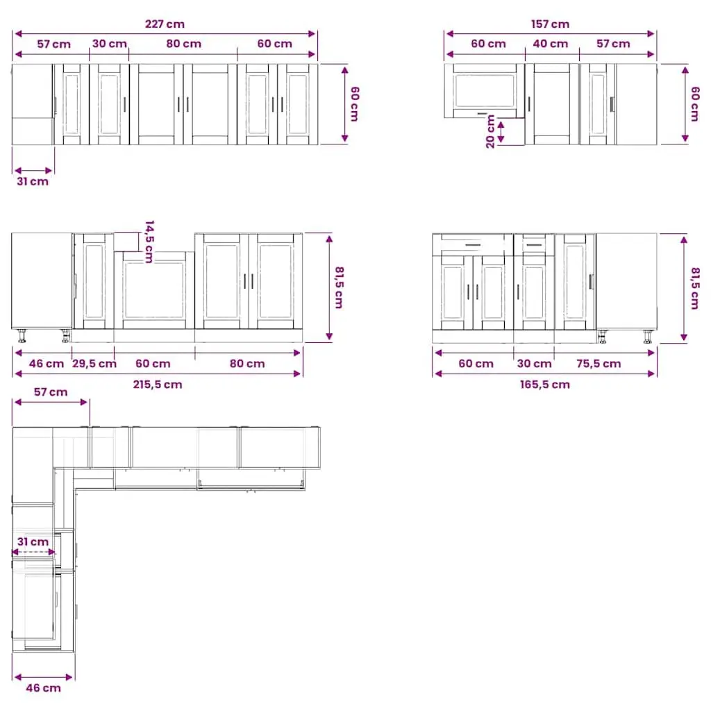 Kitchen Cabinet Set 11 Piece White Storage Engineered Wood Adjustable Feet