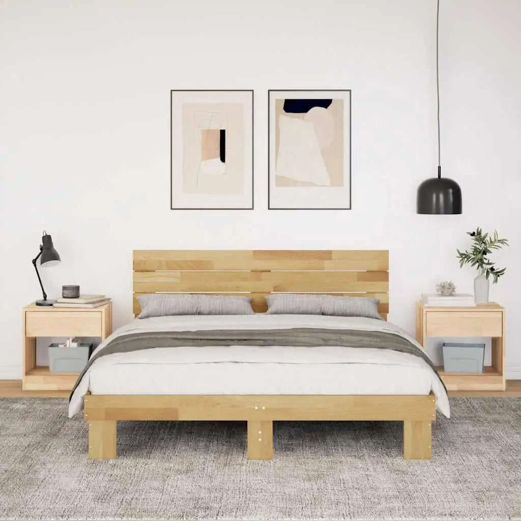 Solid Oak Bed Frame with Headboard 135x190 cm