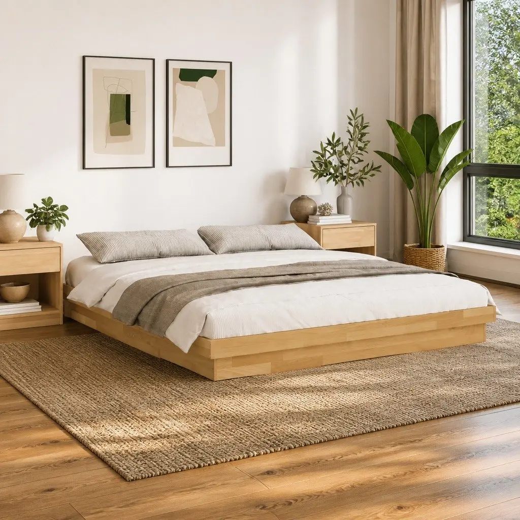 Bed Frame Bedroom 180x200 cm Low Floor Solid Oak Wood Slatted Base