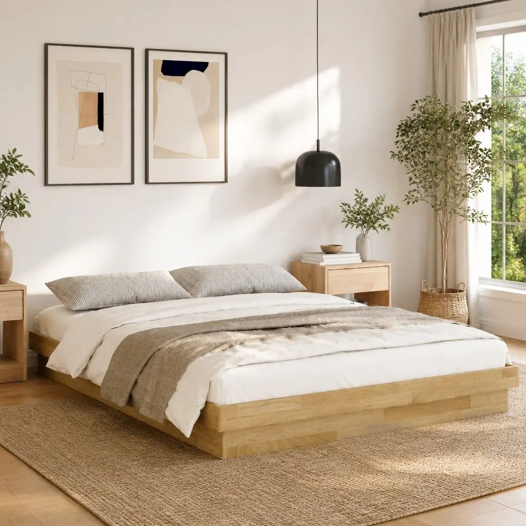 Bed Frame Bedroom 150x200 cm Low Floor Solid Wood Oak Slatted Base
