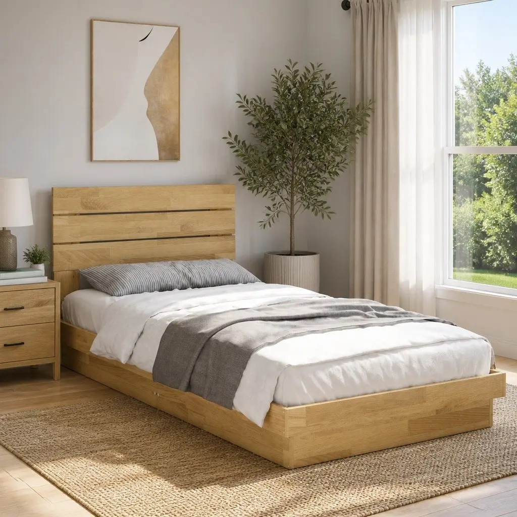 Solid Oak Bed Frame 90x190 cm with Headboard and Slatted Base