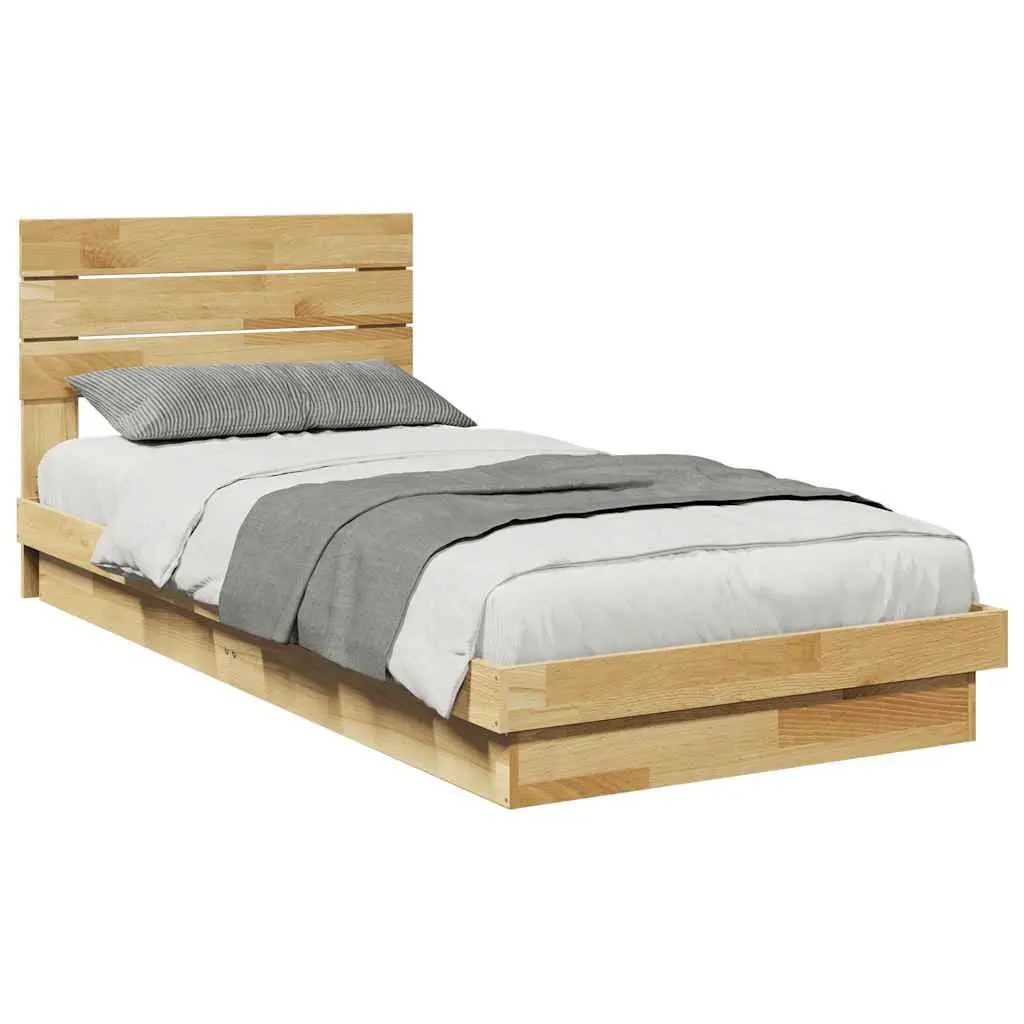 Solid Oak Bed Frame 90x190 cm with Headboard and Slatted Base