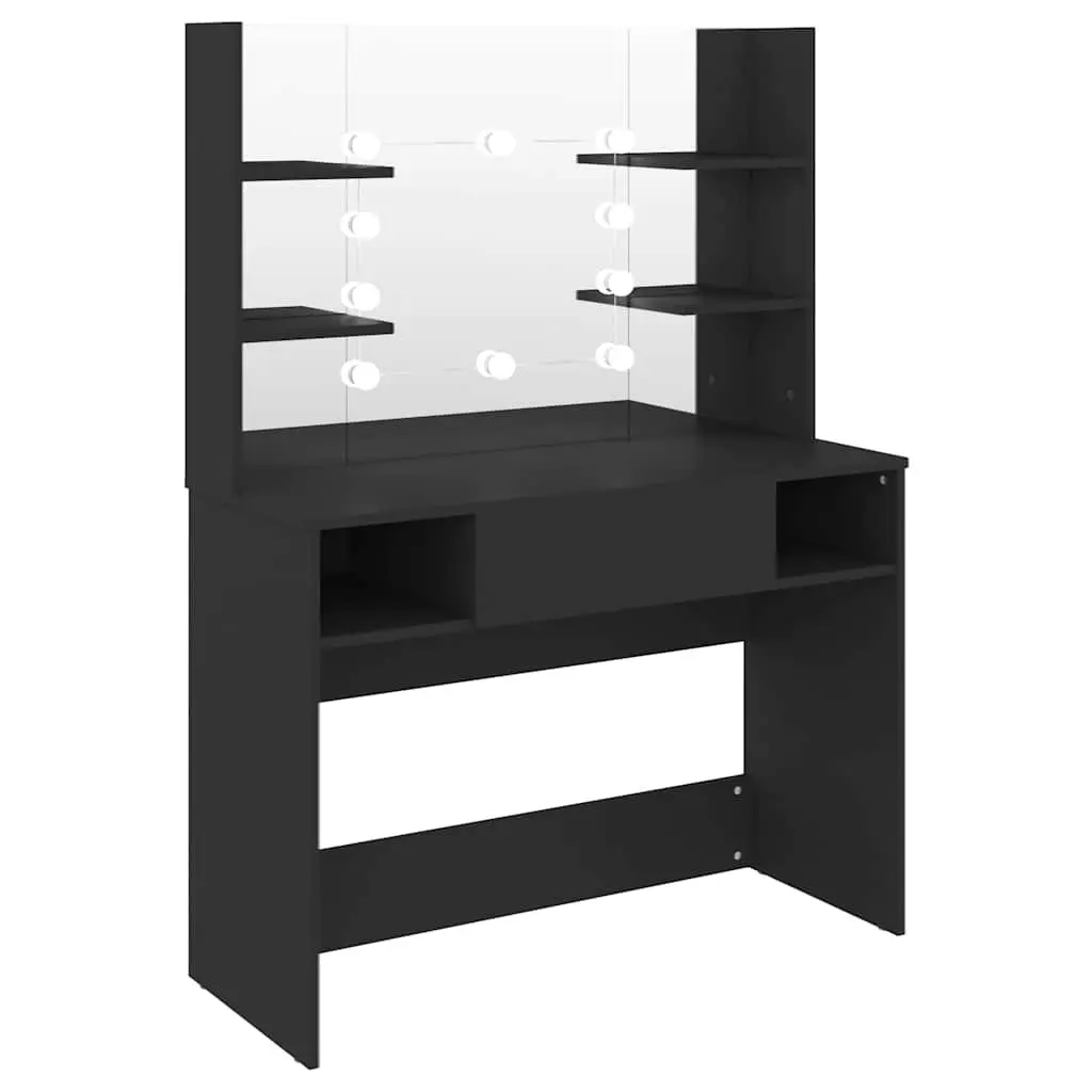 Black Makeup Vanity Table with LED Lights Mirror Dressing Station Bedroom