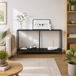 Compact Black Console Table with Glass and Steel Construction