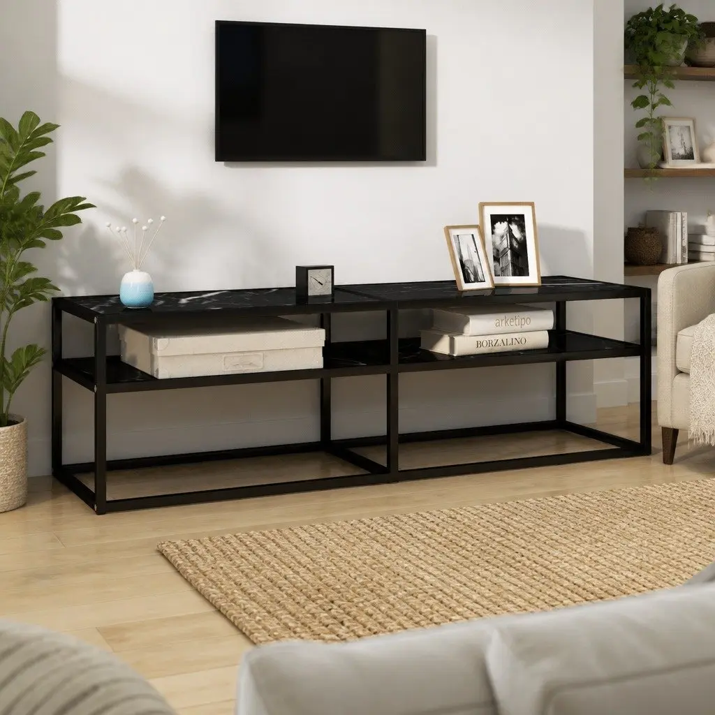 TV Cabinet Living Room Black Marble Tempered Glass Shelving Unit 140 x 40 x 40.5 cm