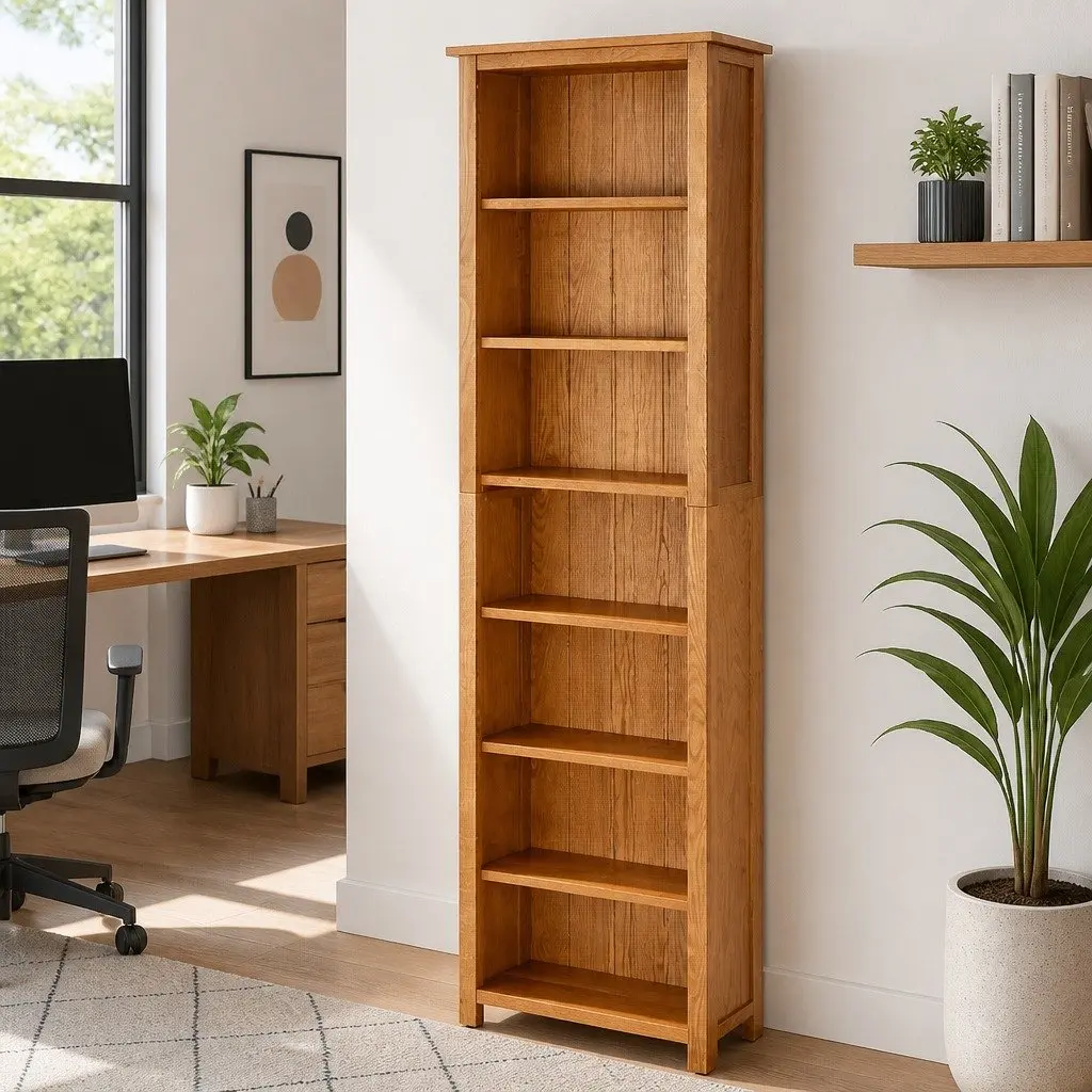 7-Tier Bookcase for Study Living Room Office 60x22x200 cm Solid Oak Wood Standing Shelf Storage Display