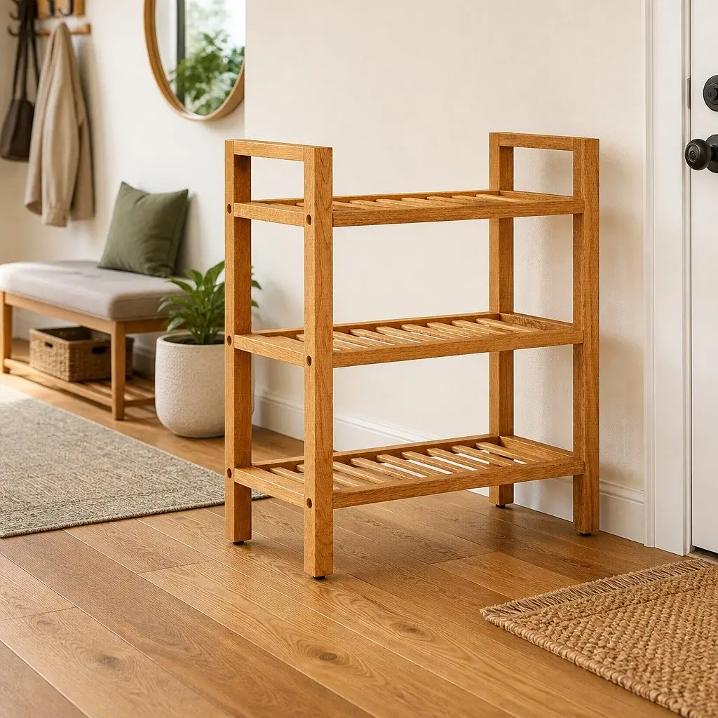 Wooden Shoe Rack with 3 Shelves Brown Solid Oak Wood Storage Organiser Hallway