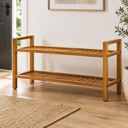 Shoe Rack Specifications: Brown Wooden 2-Shelf Design