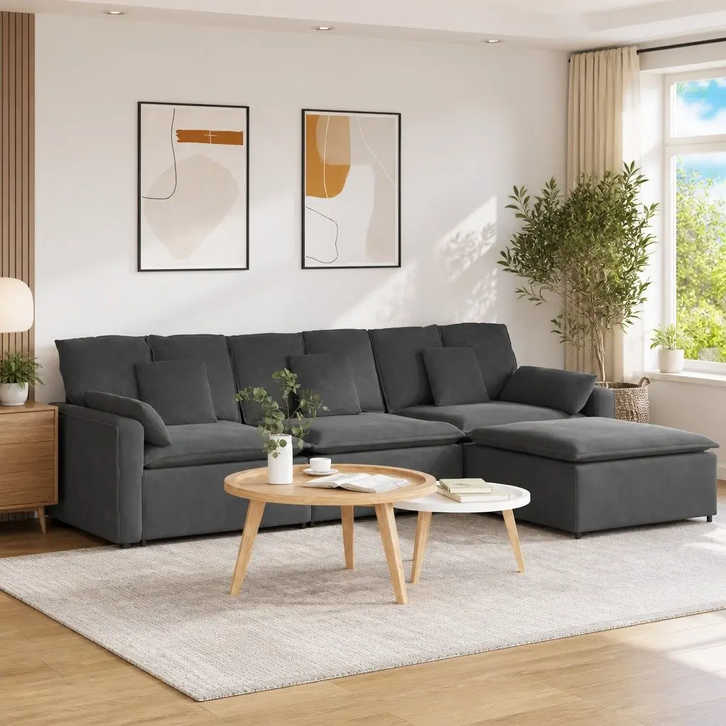 Modular Sofa with Footstool and Cushions Dark Grey Sectional Lounge Couch Sofa