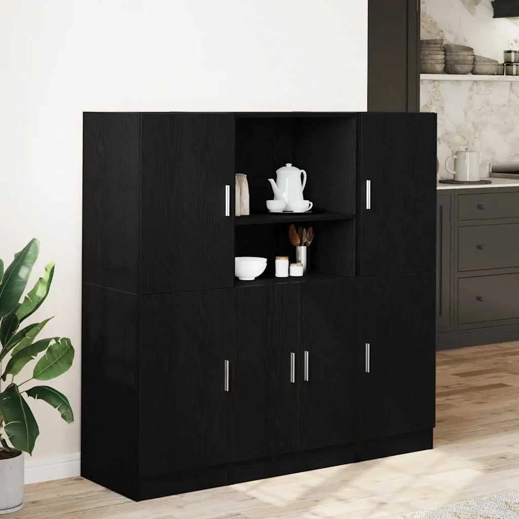 3 Piece Kitchen Cabinet Set Wall Mount Storage Shelving Black Engineered Wood