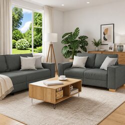 Grey Linen-Blend 3-Piece Sofa Set Dimensions: 220cm Wide