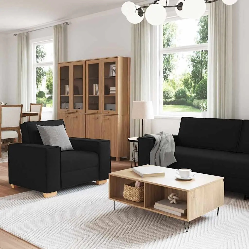 3 Piece Sofa Set Black Linen-Blend Fabric Living Room Furniture 2-Seater Chair