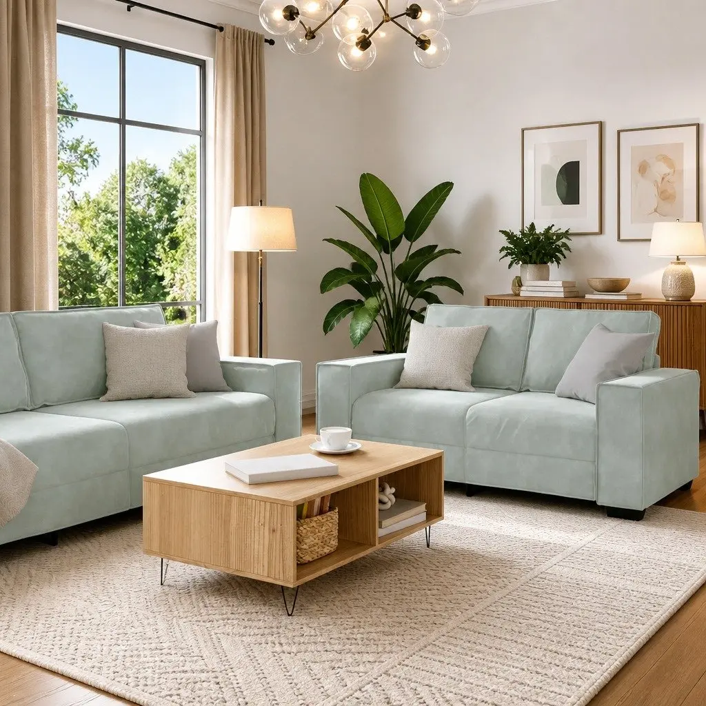 3 Piece Sofa Set Living Room Grey Linen-Blend