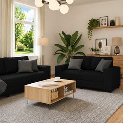 3 Piece Sofa Set Black Fabric Living Room Lounge Couch Armrests Padded Cushions
