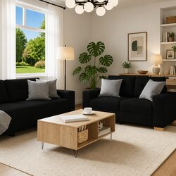 2 Piece Sofa Set Black Fabric Living Room Lounge Furniture with Cushions