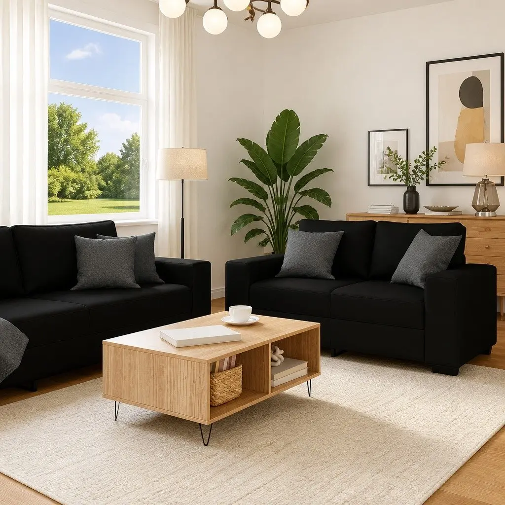 2 Piece Sofa Set Black Fabric Living Room Furniture