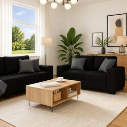 2 Piece Sofa Set: Black Polyester Fabric & Sturdy Frame