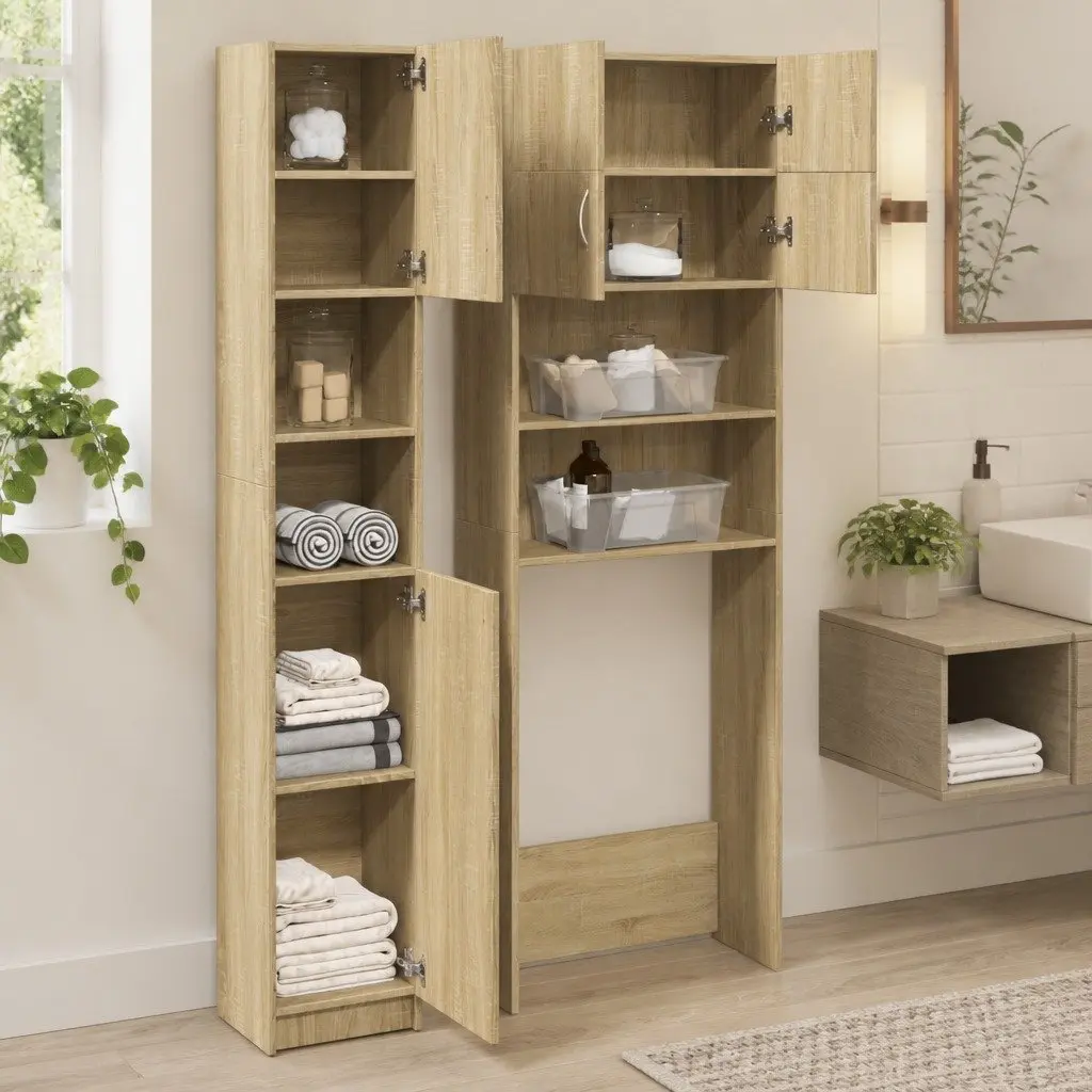 Bathroom Furniture Set 2pcs Sonoma Oak Storage Cabinet Above Washing Machine