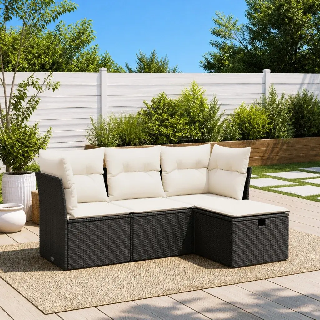 4-Piece Black Poly Rattan Sofa Set