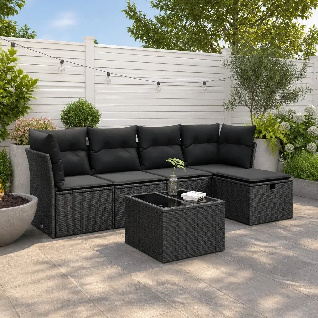 Outdoor Furniture Sofa Set 6 Piece Modular Lounge Black Poly Rattan for Patio Garden