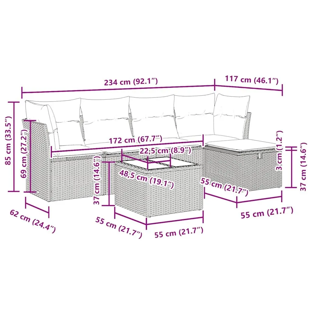 Outdoor Furniture Sofa Set 6 Piece Modular Lounge Black Poly Rattan for Patio Garden