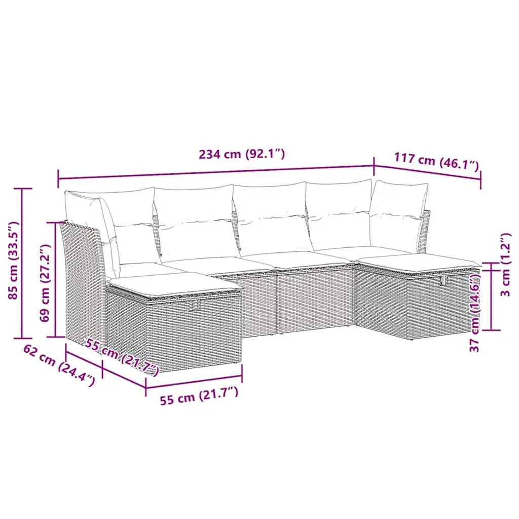 Garden Sofa Set 6 Piece Outdoor Patio Furniture Black Poly Rattan Modular with