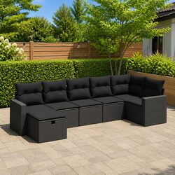 7 Piece Garden Sofa Set: Black PE Rattan Furniture