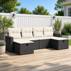 Outdoor Garden Sofa Set 6 Piece Black Poly Rattan Modular Patio Furniture