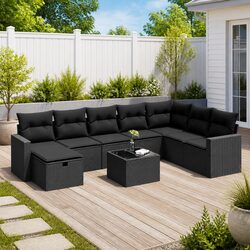Garden Sofa Set 9 Piece Outdoor Furniture Patio Lounge Black Poly Rattan Modular