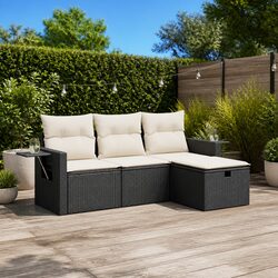 Durable 4-Piece Black Poly Rattan Outdoor Sofa Set