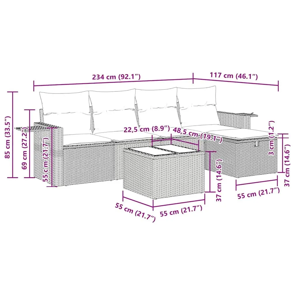 Garden Sofa Set 6 Piece Outdoor Furniture Black Poly Rattan Modular Patio
