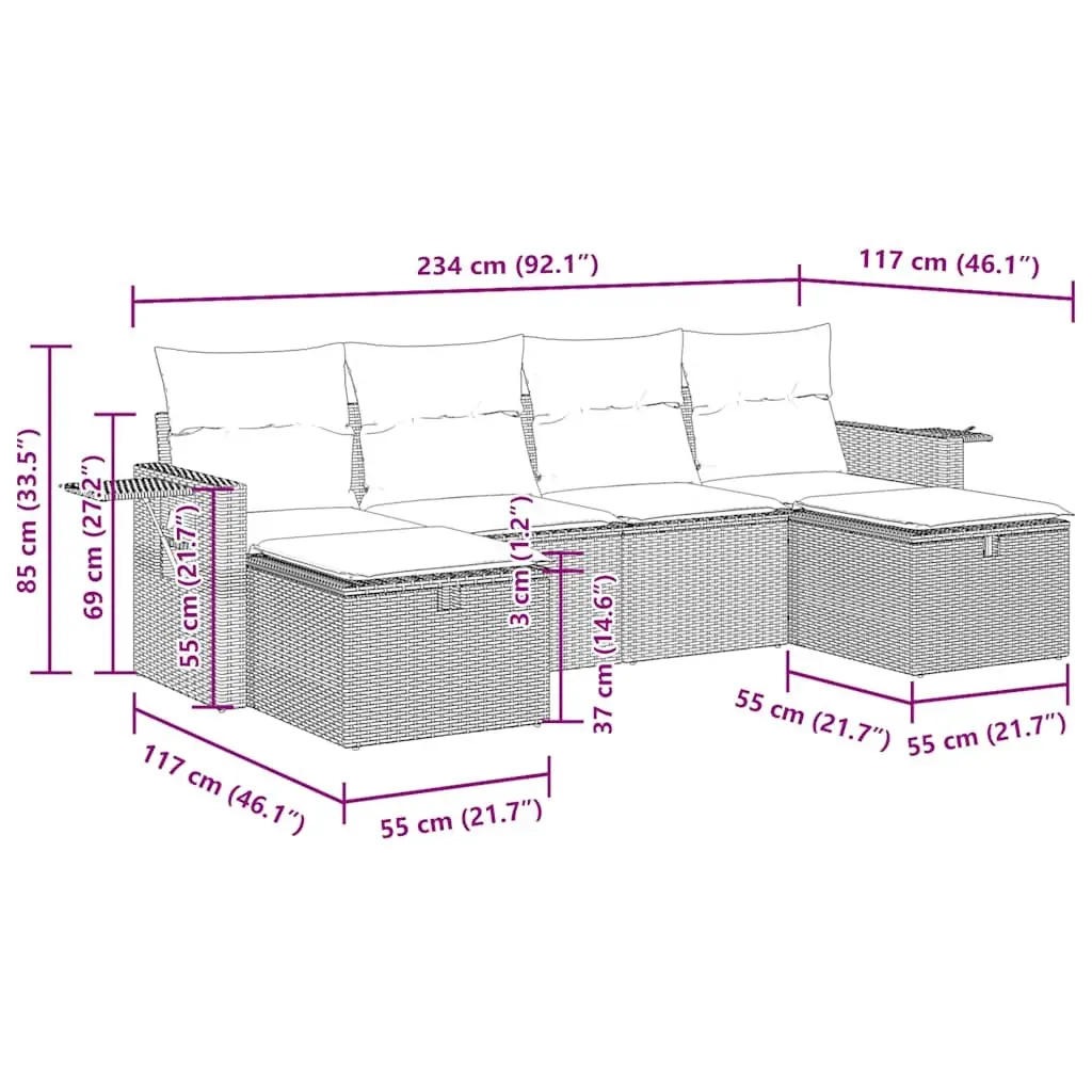 Garden Sofa Set Outdoor Furniture Modular 6 Piece Black Poly Rattan Patio Lounge