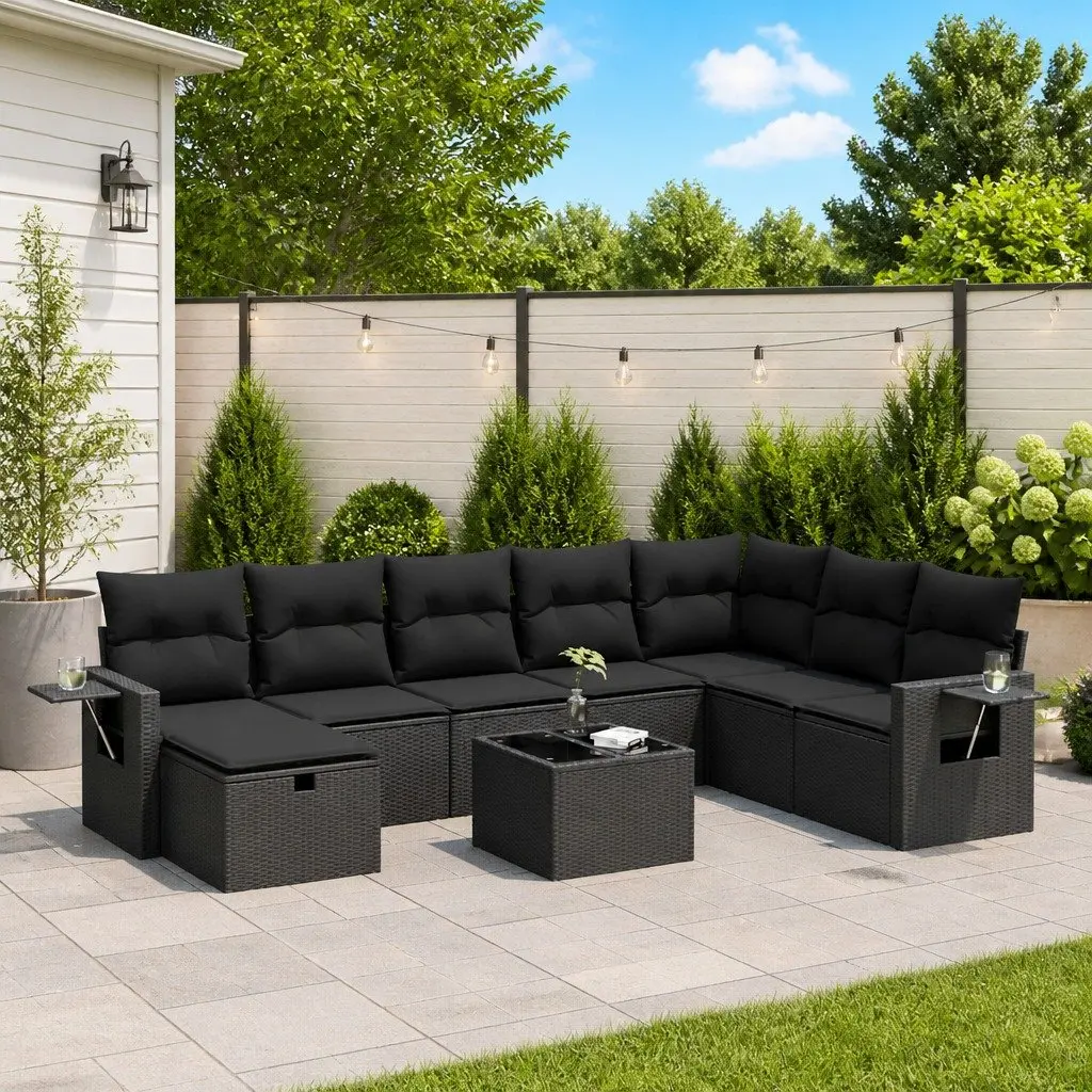 9 Piece Outdoor Garden Sofa Set Black Poly Rattan Patio Furniture with Cushions