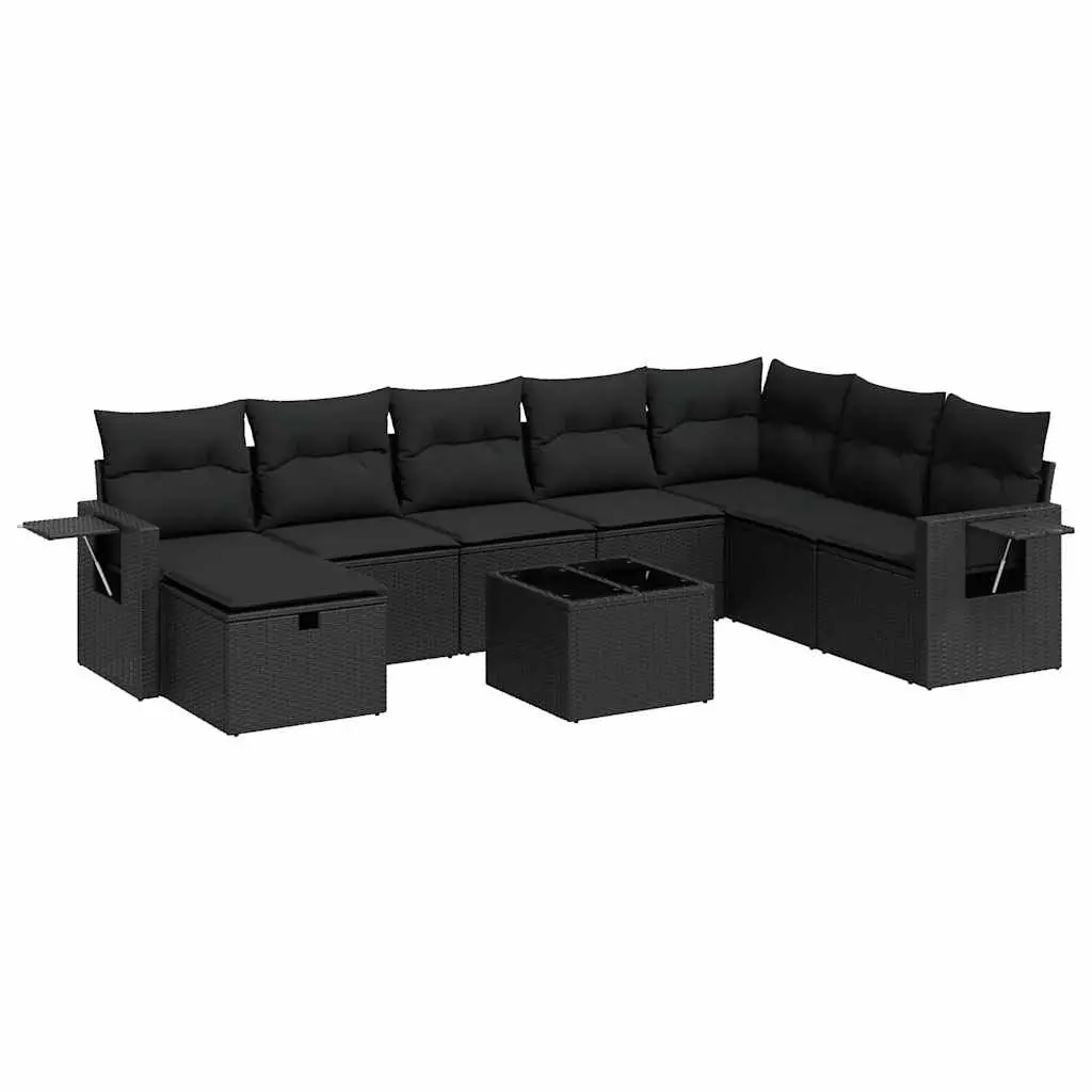 9 Piece Outdoor Garden Sofa Set Black Poly Rattan Patio Furniture with Cushions
