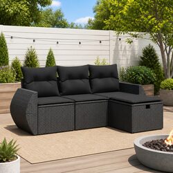 Garden Sofa Set 4 Piece Outdoor Furniture Patio Black Poly Rattan with Cushions